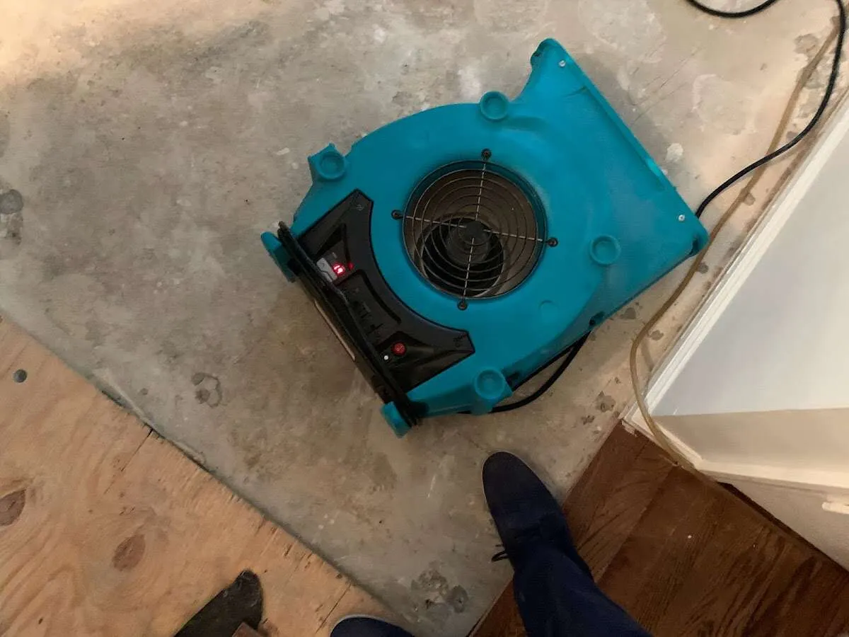 Air mover drying subfloor during Leak Detection & Repair in Pearl